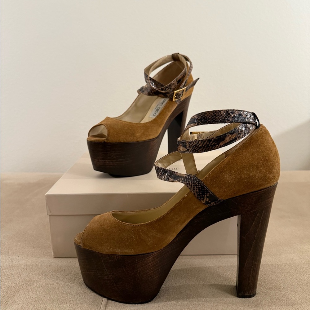 Jimmy Choo Suede and animal print platform peep toe